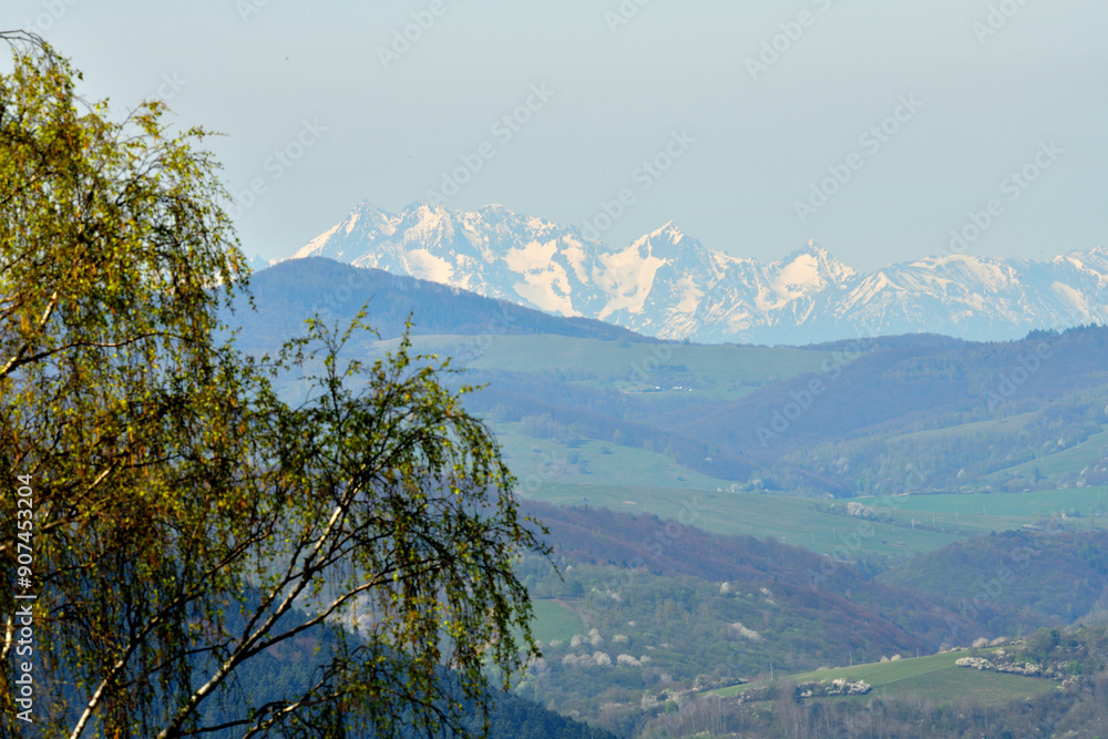 A distant view from the hill of the high peaks of snow-capped mountains High Tatra in spring