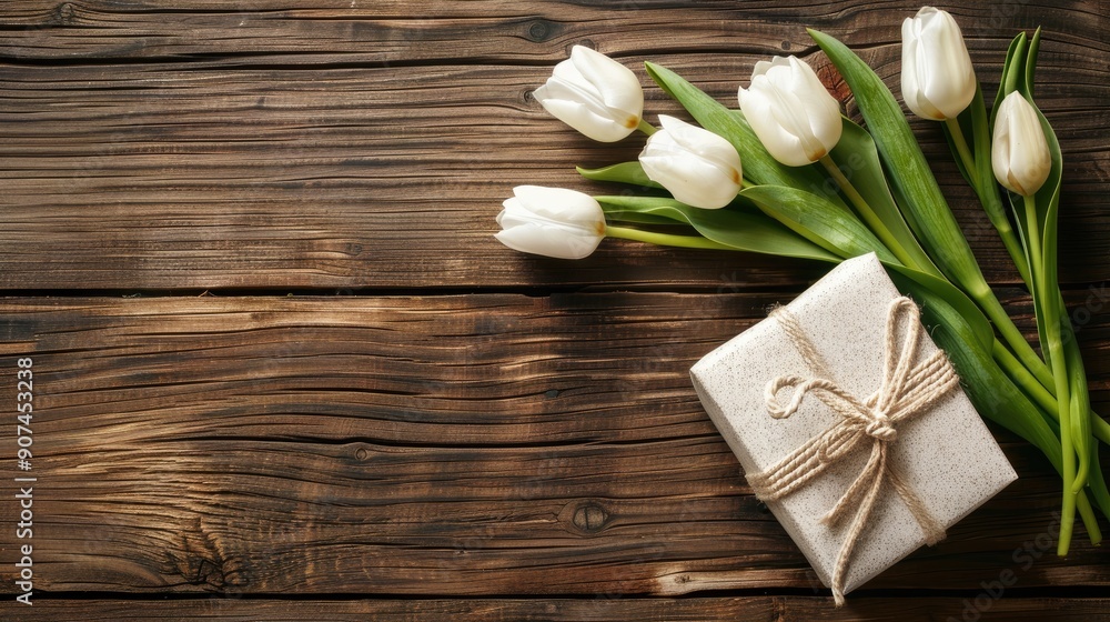 White gift box and tulip flowers on wooden table White gift box and tulip flowers on wooden table