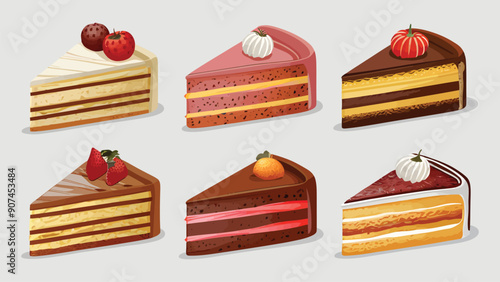 Set of vector cake slices, different flavors, isolated on white background