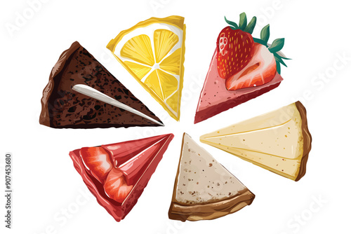 Set of vector cake slices, different flavors, isolated on white background