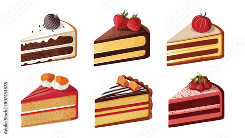 Set of vector cake slices, different flavors, isolated on white background
