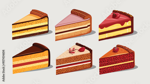Set of vector cake slices, different flavors, isolated on white background