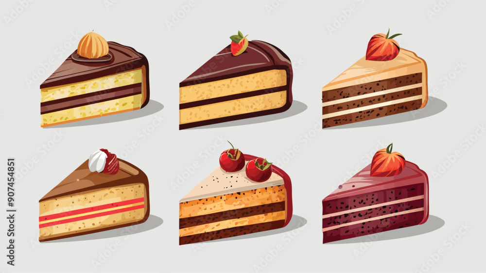 Set of vector cake slices, different flavors, isolated on white background Set of vector cake slices, different flavors, isolated on white background