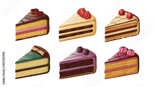 Set of vector cake slices, different flavors, isolated on white background