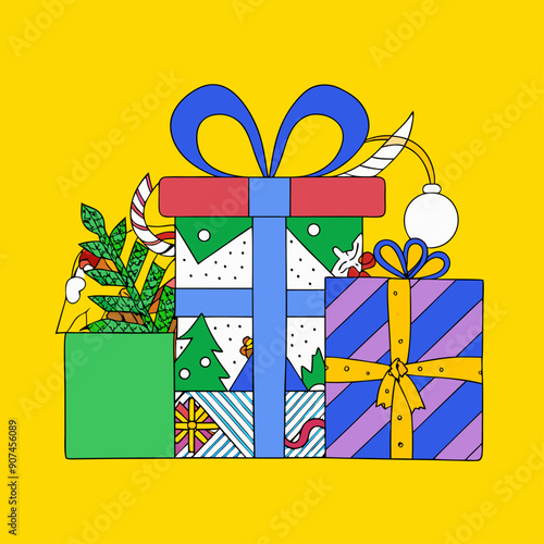 Gift boxes designed around specific holiday themes, such as Christmas, Hanukkah, or New Year's, featuring relevant colors and motifs vector graphics