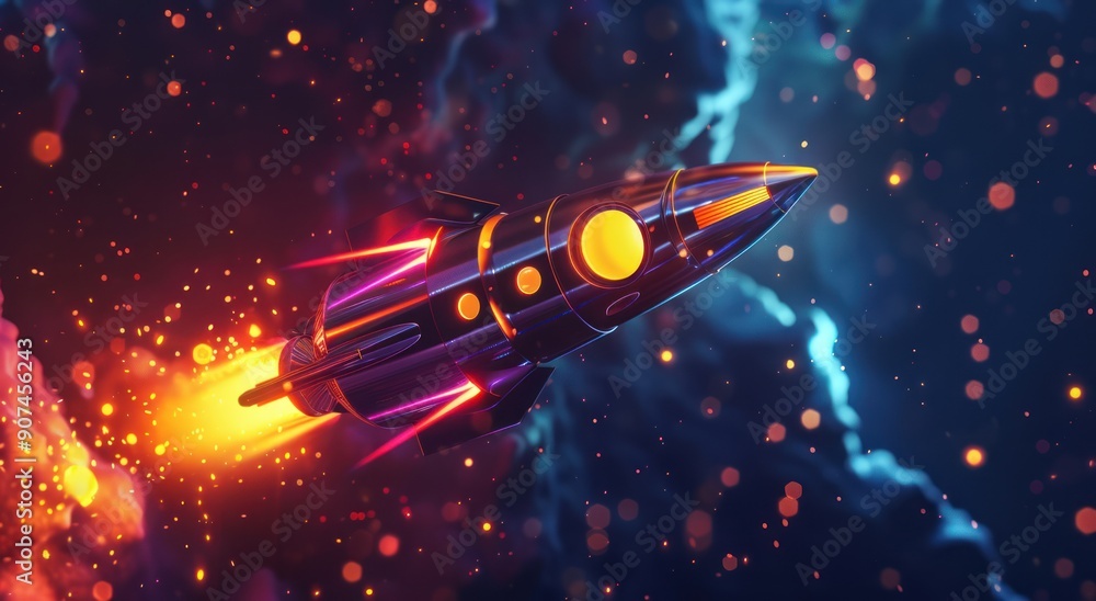 Obraz premium Metallic Rocket Ship Launching into the Cosmos
