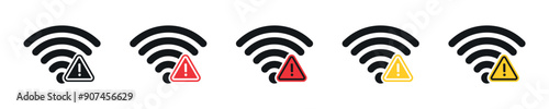 Simple connection network. Symbol WiFi problem. Graphic set icons network with triangle warning. Modern icon sign Wifi error in vector design style