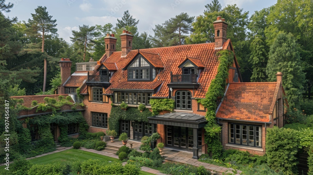 Gothic frame mansion in pine forest Gothic frame mansion in pine forest