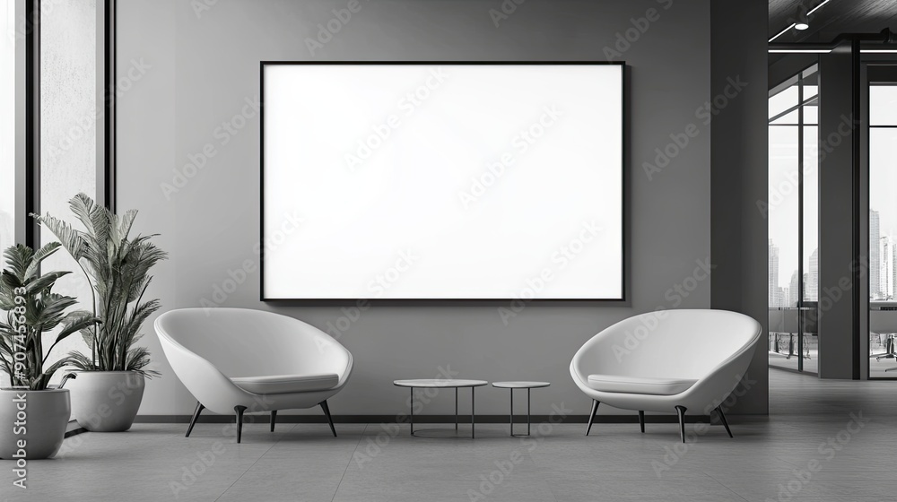 Modern office waiting area featuring a blank advertising billboard, minimalistic style with soft lighting. Perfect for marketing display concepts. Modern office waiting area featuring a blank advertising billboard, minimalistic style with soft lighting. Perfect for marketing display concepts.