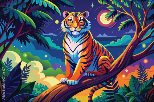 A Tiger Perched on a Branch in a Tropical Nighttime Setting photo