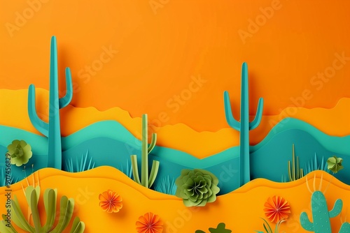 A desert scene with paper cut cacti and sand dunes on a bright orange background representing arid landscapes and natures diversity