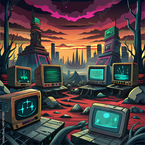 High-tech digital frames superimposed on apocalyptic horror backgrounds, creating a sense of viewing the scene through advanced technology