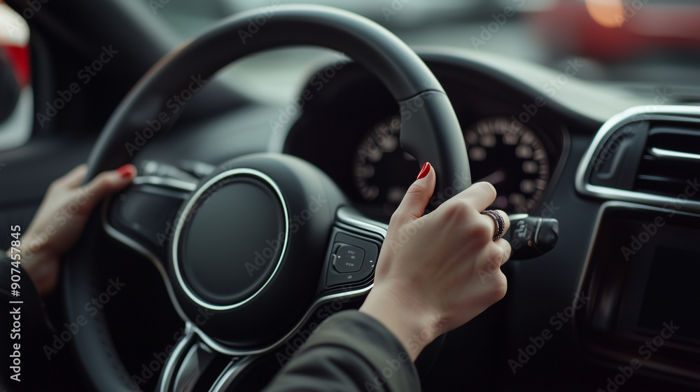Woman Driver with Nails, hands on Steering Wheel - Female Hands in Car Interior, Black and Red Colors, Controlling Vehicle, Ensuring Safety While Turning Photo Woman Driver with Nails, hands on Steering Wheel - Female Hands in Car Interior, Black and Red Colors, Controlling Vehicle, Ensuring Safety While Turning Photo