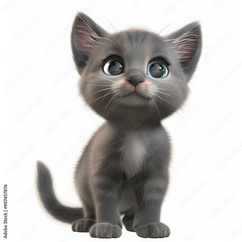 Obraz premium Adorable gray kitten with big eyes, perfect for pet lovers and children's illustrations, conveying cuteness and playfulness.