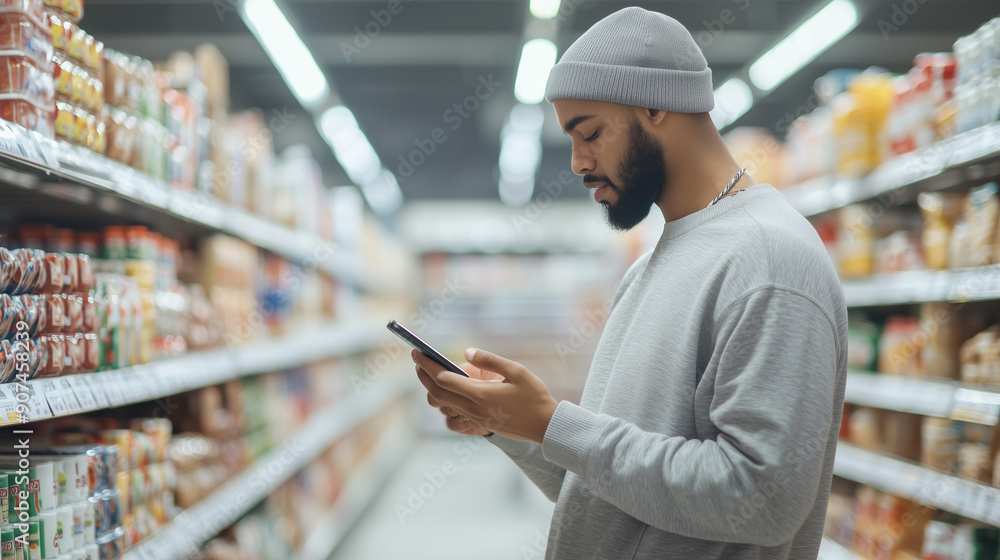 Young Man in Grocery Store Comparing Nutrition Information on Phone - Standing Among Blurred Shelves of Products, Evaluating Different Items Photo Young Man in Grocery Store Comparing Nutrition Information on Phone - Standing Among Blurred Shelves of Products, Evaluating Different Items Photo