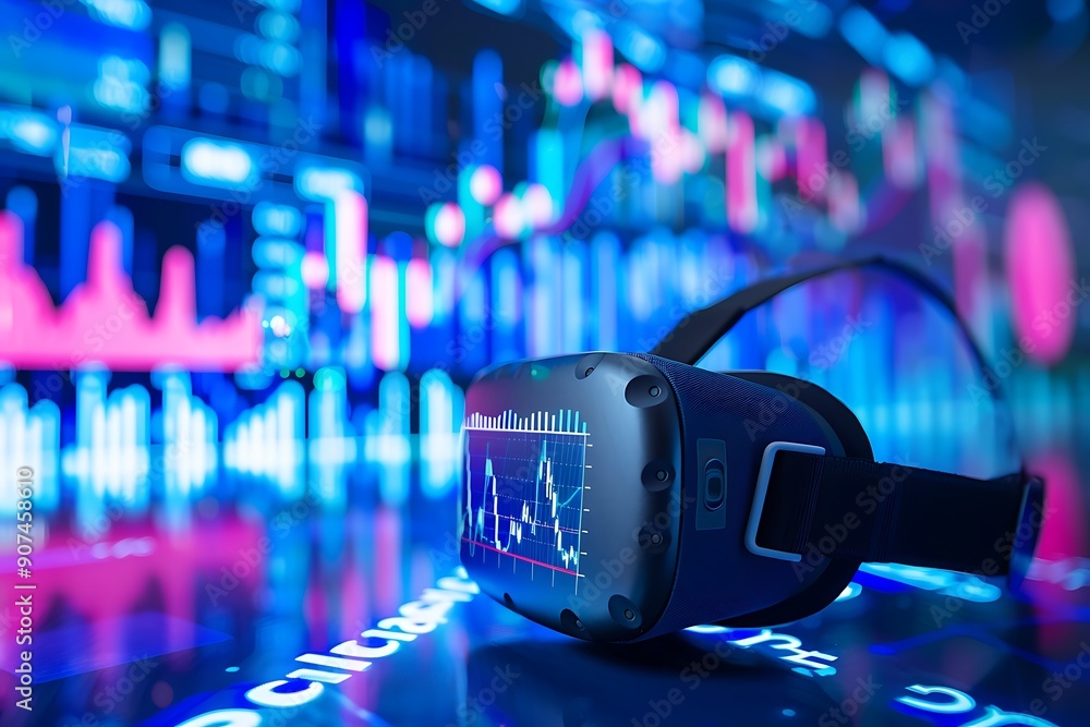A virtual reality headset with a digital display showing stock market data and graphs against a blurred city skyline background with colorful lights A virtual reality headset with a digital display showing stock market data and graphs against a blurred city skyline background with colorful lights