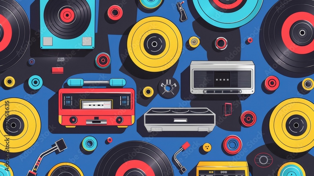 Retro music icon vector set with cassette tape, audio player, camera, button, radio, and speaker Retro music icon vector set with cassette tape, audio player, camera, button, radio, and speaker