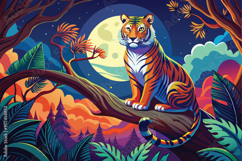 A tiger sitting on a branch in a jungle at night with a full moon