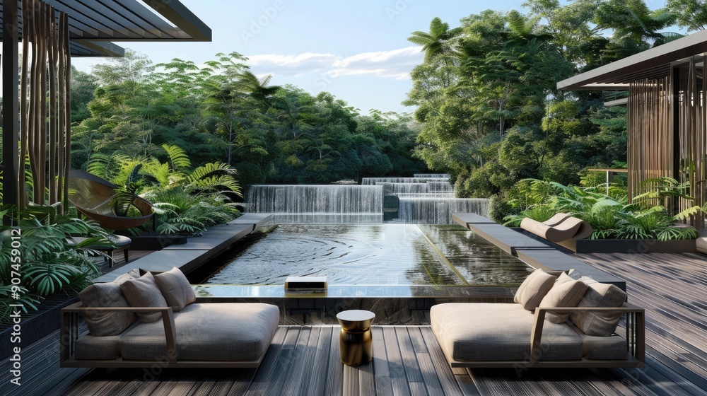 Fototapeta premium A luxurious terrace lounge featuring a modern water feature, plush seating, and a serene view of a peaceful river surrounded by greenery.