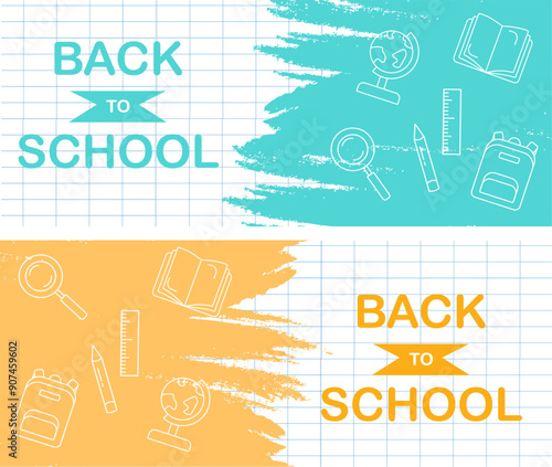 Back to school banners in orange and blue on checkered paper with flat icons