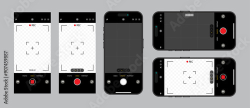 Horizontal and vertical photo camera on screen of Smartphone with interface. Viewfinder, Grid, Buttons, Lights, and Focus Controls in Mobile Photography Apps. Vector