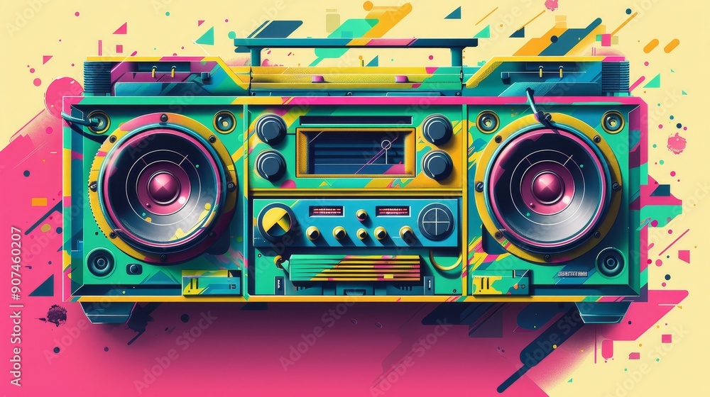 Obraz premium Vintage camera icon with retro music background and speakers
