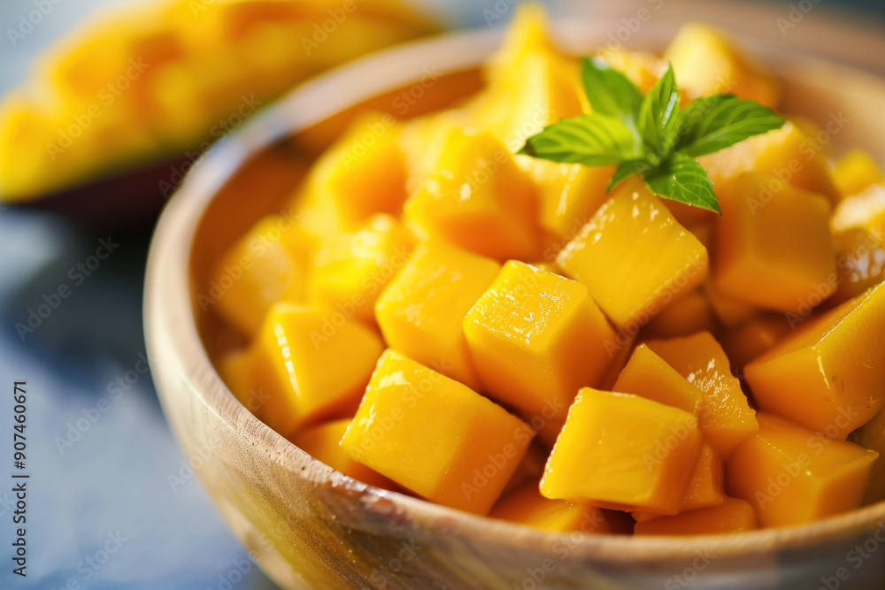 Diced mango in a wooden bowl Diced mango in a wooden bowl