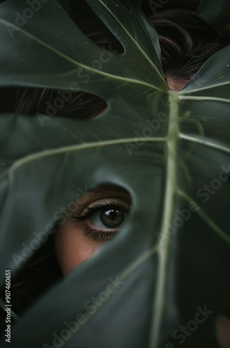 Close-up of a woman's eye peeking through large green leaf. photo