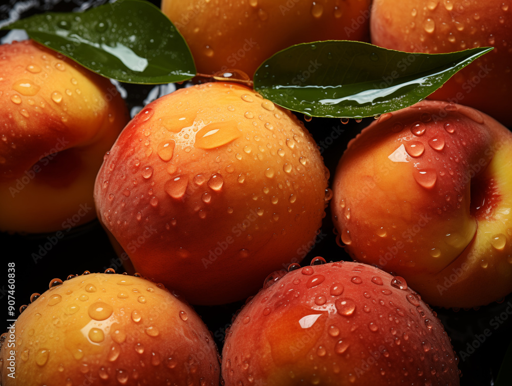 Ripe peaches, apricots with dew drops in close-up on the background of the whole image space. Pattern for advertising of premium products, healthy food, commercials. Ripe peaches, apricots with dew drops in close-up on the background of the whole image space. Pattern for advertising of premium products, healthy food, commercials.