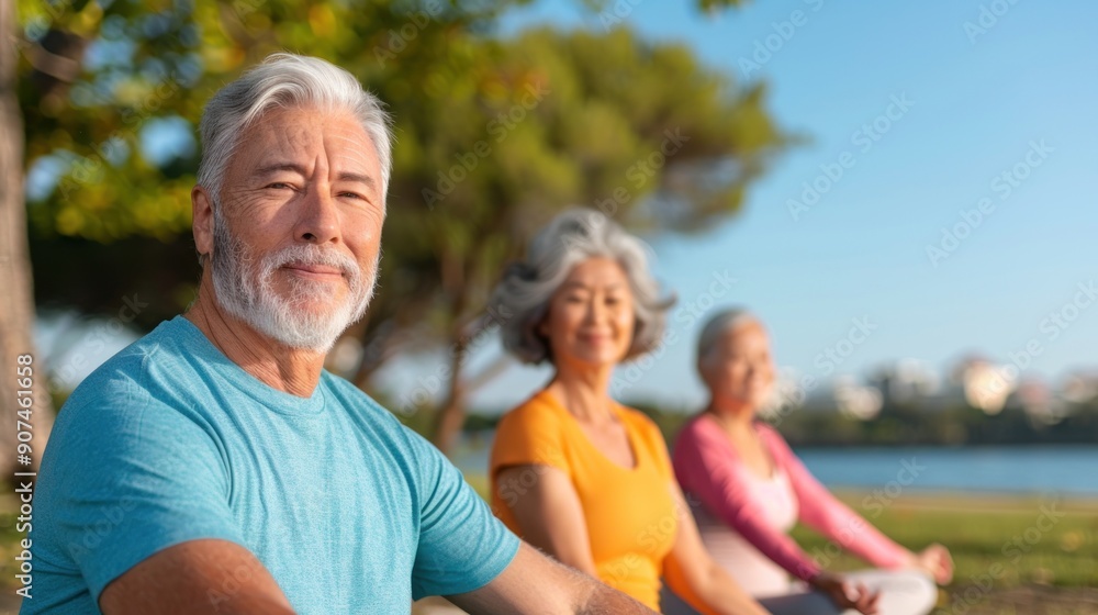 Group of seniors participating in a yoga class. Group of seniors participating in a yoga class.
