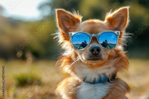 Playful Pup Donning Blue Sunglasses, a Whimsical Accessory for a Comical and Adorable Canine Portrait