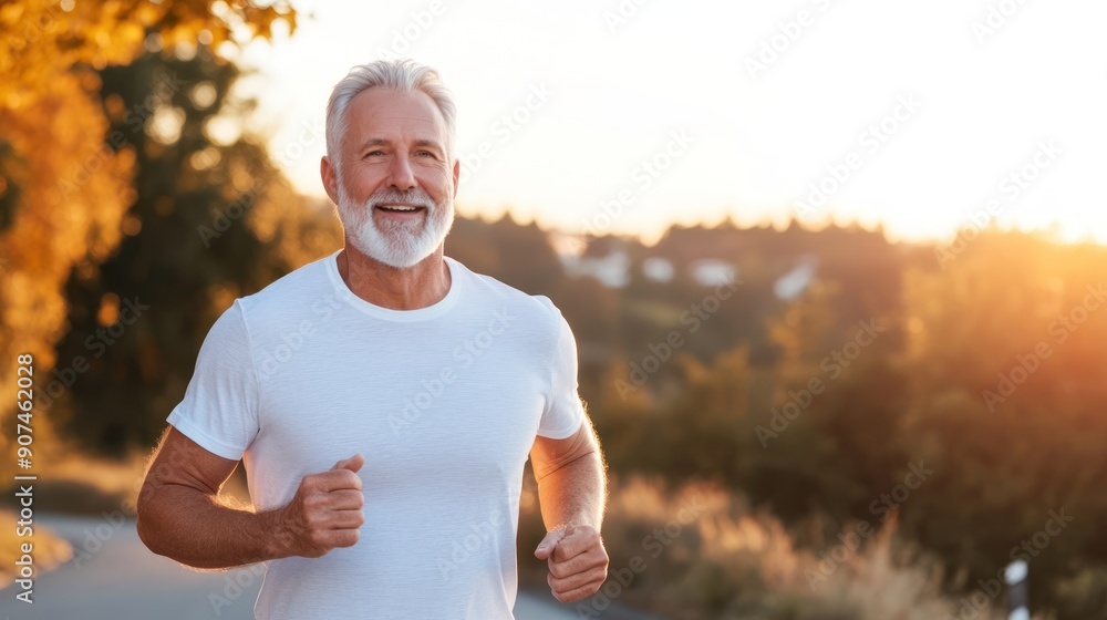 Happy elderly man jogging along the rustic countryside. Senior activity concept. Happy elderly man jogging along the rustic countryside. Senior activity concept.