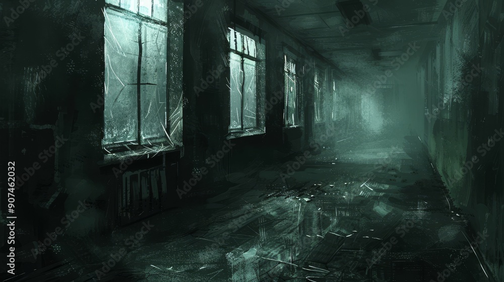 Grungy, abandoned brick building with broken windows and a dark, empty interior Grungy, abandoned brick building with broken windows and a dark, empty interior