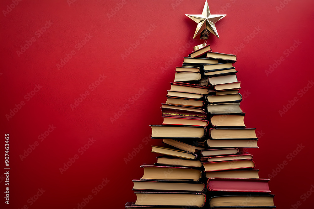 Christmas concept background. Books in the form of a christmas tree with christmas balls and red star over christmas lights and snowflakes Christmas concept background. Books in the form of a christmas tree with christmas balls and red star over christmas lights and snowflakes