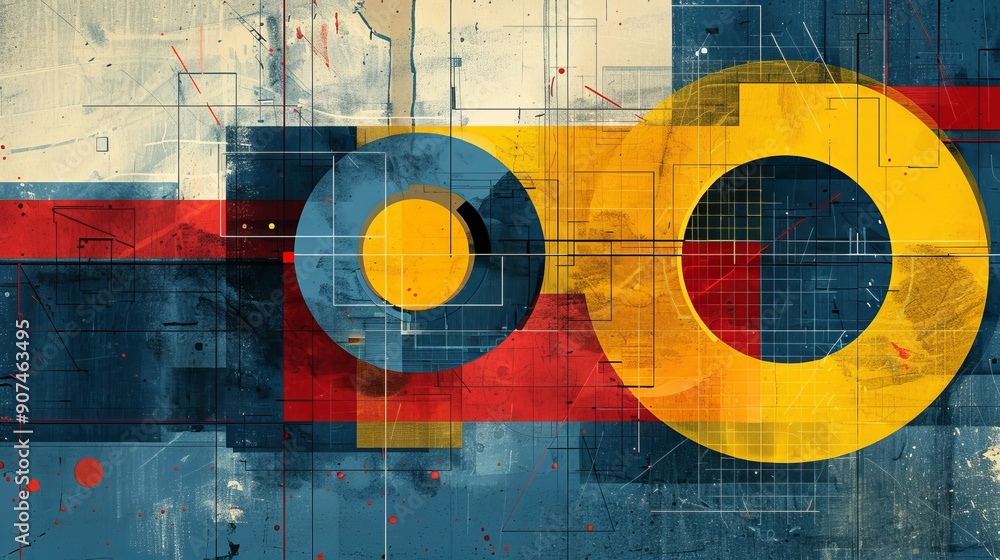 Naklejka premium A design with a central yellow circle, surrounded by blue and red geometric shapes