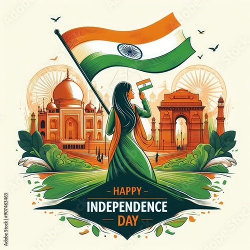 15th August Indian happy independence day poster design, tricolour flag with Ashoka wheel background illustration