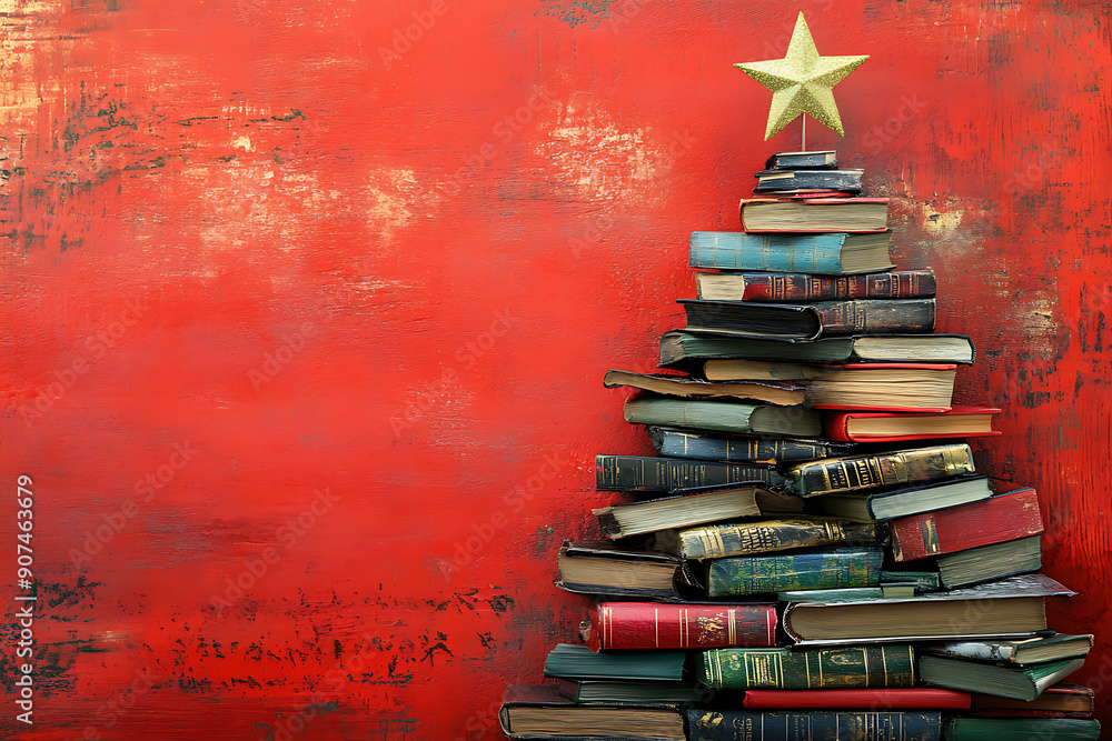 Christmas concept background. Books in the form of a christmas tree with christmas balls and red star over christmas lights and snowflakes Christmas concept background. Books in the form of a christmas tree with christmas balls and red star over christmas lights and snowflakes