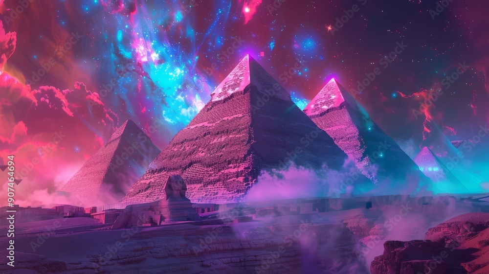 Digital art of the Pyramids in Egypt with a cosmic background, featuring pyramids and ancient structures with an otherworldly glow. The scene includes glowing elements Digital art of the Pyramids in Egypt with a cosmic background, featuring pyramids and ancient structures with an otherworldly glow. The scene includes glowing elements