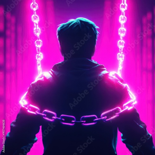 Man shackled, chains transforming into light beams, futuristic, neon colors, 3D rendering, symbolic freedom