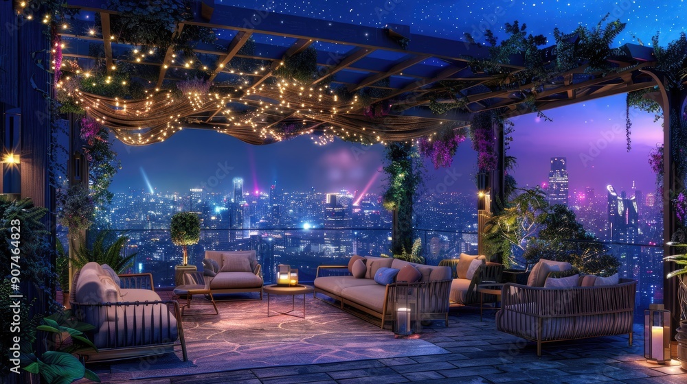 A luxurious terrace lounge with a stylish pergola, plush seating, and a panoramic view of a vibrant city skyline at night, with the lights of the city glimmering like stars. A luxurious terrace lounge with a stylish pergola, plush seating, and a panoramic view of a vibrant city skyline at night, with the lights of the city glimmering like stars.
