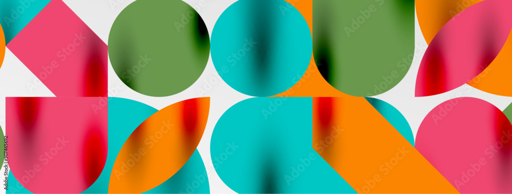 Mosaic geometric elements. Colorful circles, round geometric shapes and lines with shadow 3d effects. Simple forms abstract background for wallpaper, banner, template or landing Mosaic geometric elements. Colorful circles, round geometric shapes and lines with shadow 3d effects. Simple forms abstract background for wallpaper, banner, template or landing
