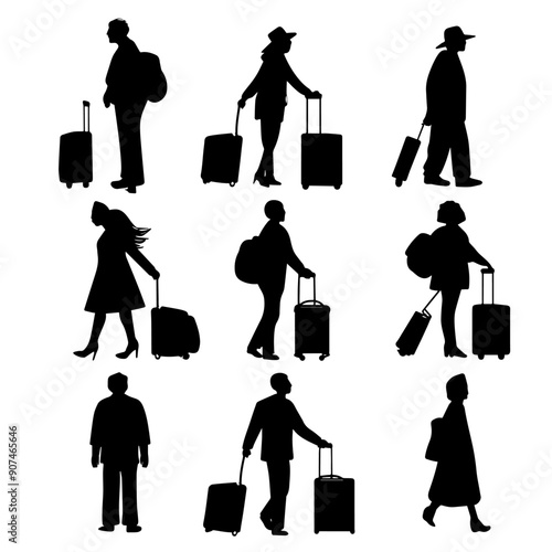 Silhouettes black and white isolate background movement Travelers pulling suitcase luggage journey scenery Diversity exhibit variety poses styles implying diverse group of individuals