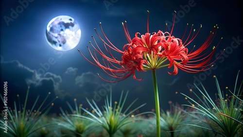 Crimson Embrace: A Red Spider Lily in the Moonlight  Generative AI