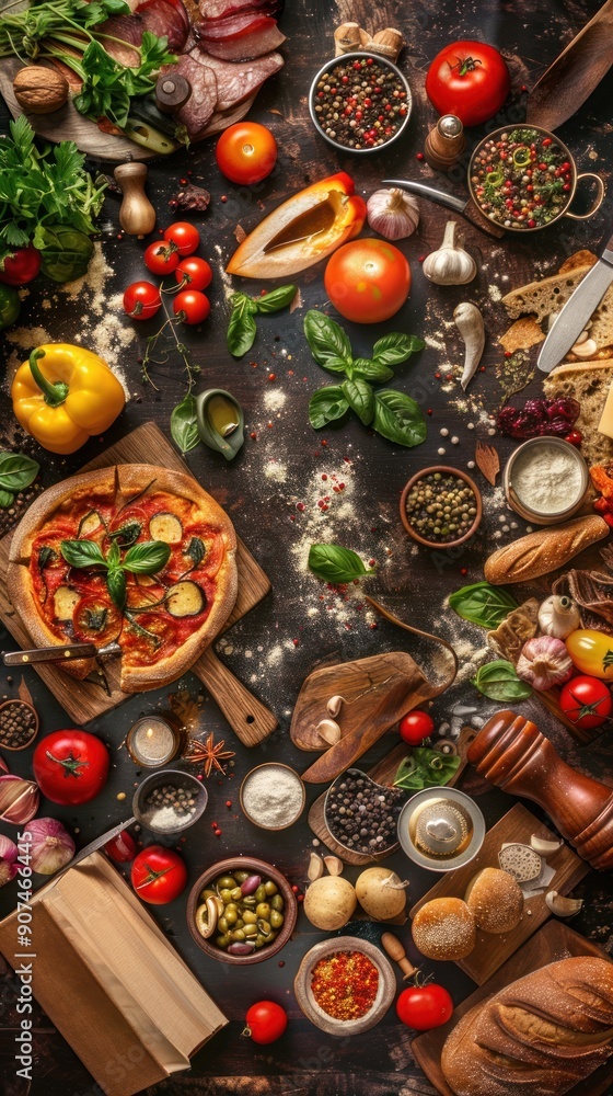 Pizza and Bread with Ingredients on Rustic Table. Pizza and Bread with Ingredients on Rustic Table.