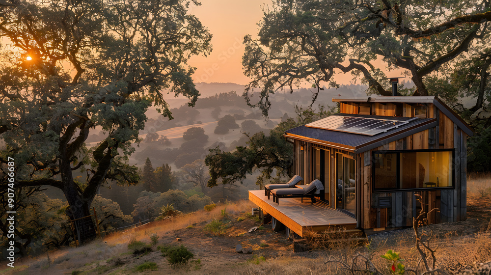 Sitting in a field, a small house with trees in the background. Sitting in a field, a small house with trees in the background.