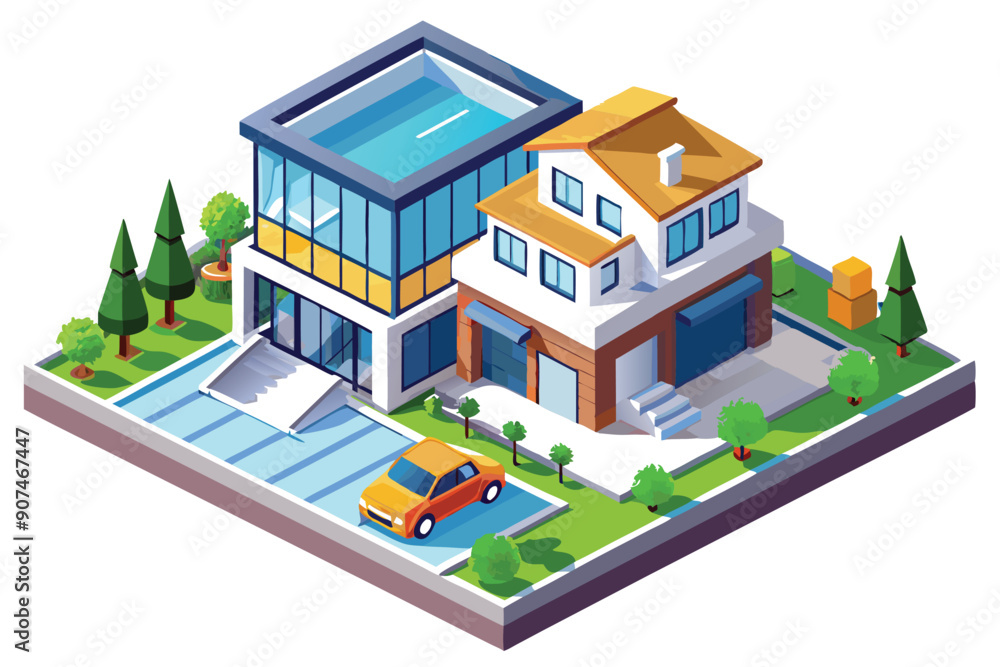 Isometric Illustration of a Modern House with a Pool and Yard