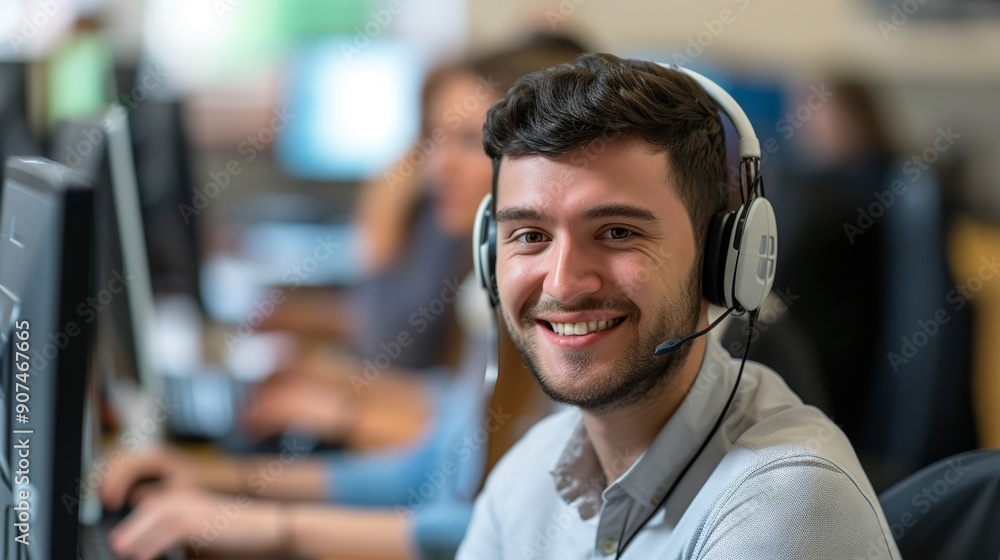 Smiling call center worker wearing headset, providing customer support with professional team in a modern office environment. Smiling call center worker wearing headset, providing customer support with professional team in a modern office environment.