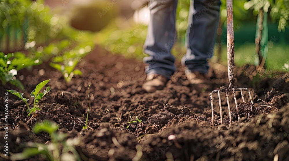 a man using a rake to till soil in preparation for planting in a garden a man using a rake to till soil in preparation for planting in a garden