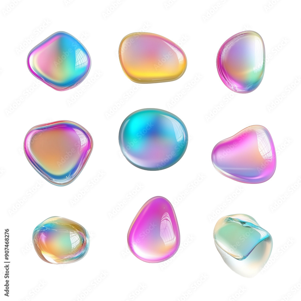 holographic liquid blob shapes set isolated. Y2K iridescent metallic drops or colorful bubbles isolated white holographic liquid blob shapes set isolated. Y2K iridescent metallic drops or colorful bubbles isolated white