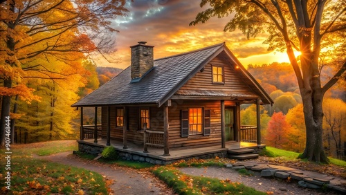 A Rustic Retreat: A Cozy Wooden Cottage Nestled Among Autumn Foliage AI Generated